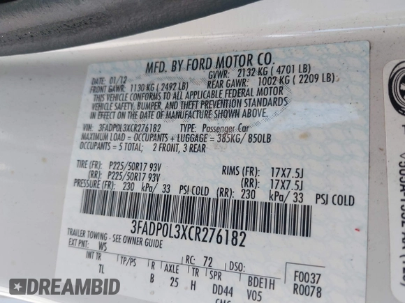 2012 Ford Fusion Hybrid z VIN 3FADP0L3XCR276182, wystawiony jako IAAI lot #42260450 z przebiegiem 133 567 mil mil oraz . Historia ofert i sprzedaży dostępna na DreamBid. Obrazek 9.