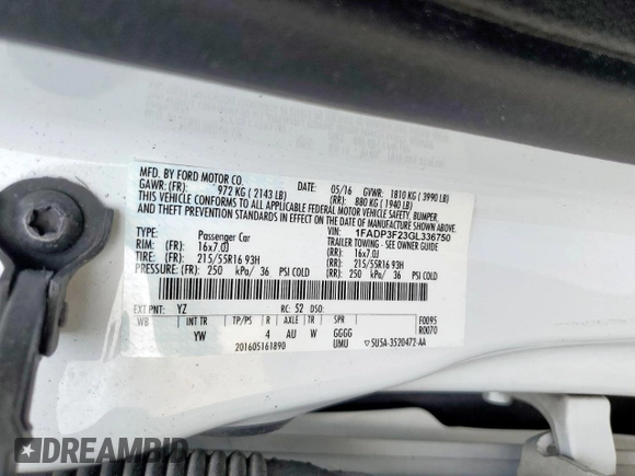 2016 Ford Focus SE with VIN 1FADP3F23GL336750, listed as a Copart auction lot 57972795 with 113,990 mi miles and Salvage title. Bid and sale history available at DreamBid. Image 12.