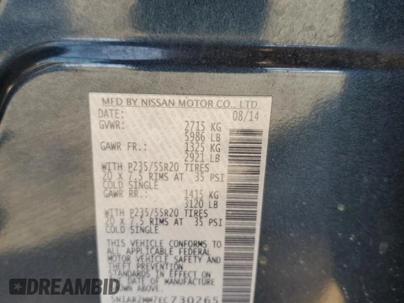 2014 Nissan Pathfinder SV with VIN 5N1AR2MM7EC730265, listed as a Copart auction lot 52256905 with 153,595 mi miles and Salvage Title. Bid and sale history available at carsss.com. Image 13.