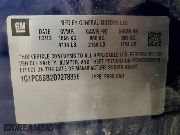 2013 Chevrolet Cruze 1LT with VIN 1G1PC5SB2D7278356, listed as a Copart auction lot 51982895 with 46,360 mi miles and Salvage Title. Bid and sale history available at carsss.com. Image 12.