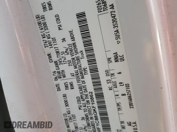 2016 Ford F-150 XL z VIN 1FTMF1C88GKF10862, wystawiony jako Copart lot #85302204 z przebiegiem 159 965 mil mil oraz Szkoda całkowita • Salvage title. Historia ofert i sprzedaży dostępna na DreamBid. Obrazek 14.