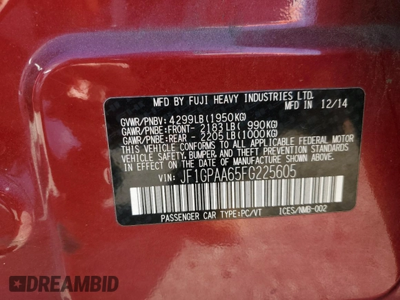 2015 Subaru Impreza 2.0i z VIN JF1GPAA65FG225605, wystawiony jako Copart lot #56736995 z przebiegiem 134 678 mil mil oraz Szkoda całkowita • Salvage title. Historia ofert i sprzedaży dostępna na DreamBid. Obrazek 12.