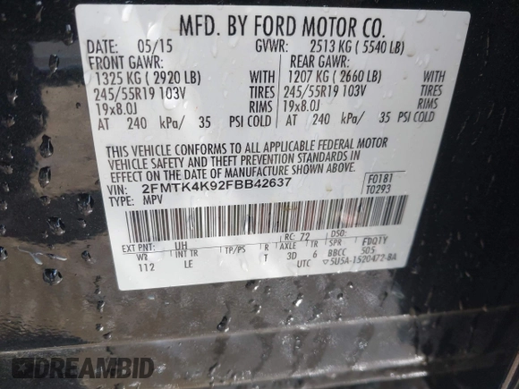 2015 Ford Edge Titanium with VIN 2FMTK4K92FBB42637, listed as a IAAI auction lot 41968659 with 99,667 mi miles. Bid and sale history available at carsss.com. Image 9.