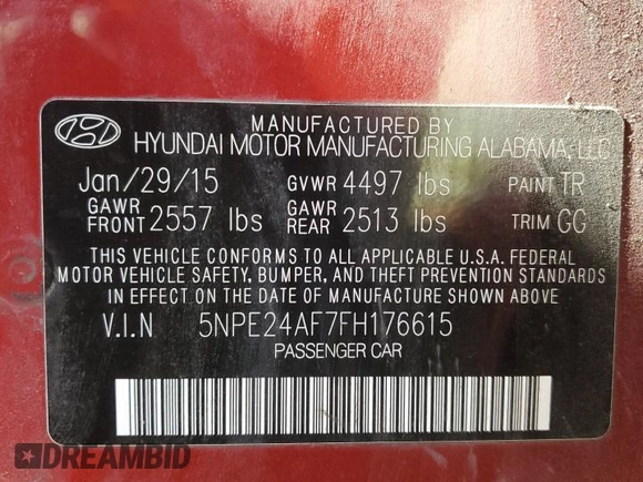 2015 Hyundai Sonata 2.4L SE with VIN 5NPE24AF7FH176615, listed as a Copart auction lot 47251685 with 99,266 mi miles and Salvage Title. Bid and sale history available at carsss.com. Image 12.