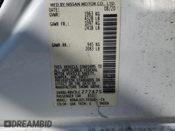 2020 Nissan Altima 2.5 S with VIN 1N4BL4BV3LC277475, listed as a Copart auction lot 50268705 with 51,605 mi miles and Salvage Title. Bid and sale history available at carsss.com. Image 13.