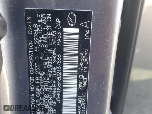 2013 Lexus CT 200h with VIN JTHKD5BH8D2167566, listed as a Copart auction lot 63440655 with 93,424 mi miles and Salvage title. Bid and sale history available at DreamBid. Image 12.