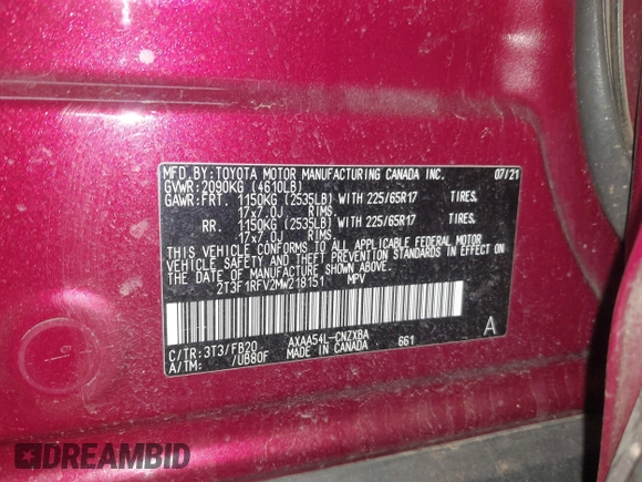 2021 Toyota RAV4 LE with VIN 2T3F1RFV2MW218151, listed as a IAAI auction lot 41861115 with 59,591 mi miles. Bid and sale history available at carsss.com. Image 9.