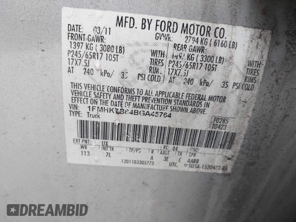 2011 Ford Explorer with VIN 1FMHK7B84BGA45764, listed as a IAAI auction lot 41935339 with 215,206 mi miles and . Bid and sale history available at DreamBid. Image 9.