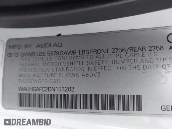 2013 Audi A6 Prestige with VIN WAUHGAFC2DN153202, listed as a IAAI auction lot 42242052 with 163,295 mi miles and . Bid and sale history available at DreamBid. Image 9.