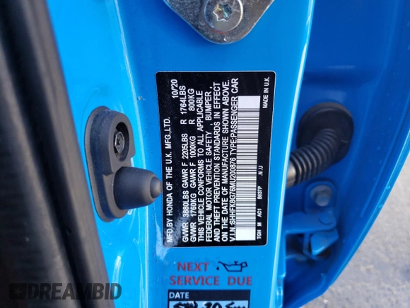 2021 Honda Civic Type R Touring z VIN SHHFK8G76MU200876, wystawiony jako Copart lot #57042224 z przebiegiem Nie podano mil oraz Szkoda całkowita • Salvage title. Historia ofert i sprzedaży dostępna na DreamBid. Obrazek 12.