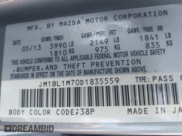 2013 Mazda 3 i Grand Touring with VIN JM1BL1M70D1835559, listed as a IAAI auction lot 42227352 with 208,394 mi miles and . Bid and sale history available at DreamBid. Image 9.