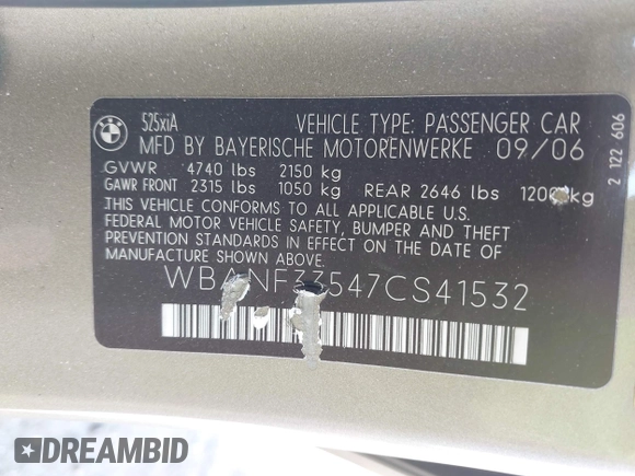 2007 BMW 5 Series with VIN WBANF33547CS41532, listed as a IAAI auction lot 42047518 with 217,725 mi miles and . Bid and sale history available at DreamBid. Image 9.