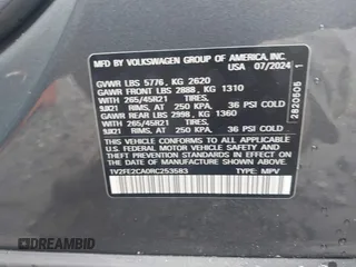 2024 Volkswagen Atlas SEL Premium R-Line with VIN 1V2FE2CA0RC253583, listed as a IAAI auction lot 41951435 with 4,668 mi miles and . Bid and sale history available at DreamBid. Image 9.