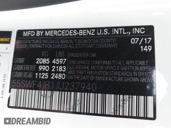 2018 Mercedes-Benz C C 300 with VIN 55SWF4JB1JU237940, listed as a IAAI auction lot 41911087 with 57,362 mi miles and . Bid and sale history available at carsss.com. Image 9.