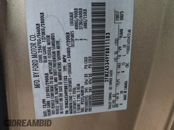 2000 Ford Windstar SEL with VIN 2FMZA5349YBB11183, listed as a Copart auction lot 41635135 with 190,631 mi miles and Salvage Title. Bid and sale history available at carsss.com. Image 13.
