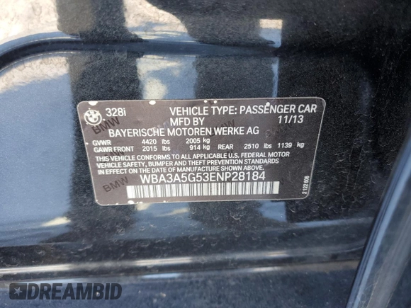 2014 BMW 3 Series 328i with VIN WBA3A5G53ENP28184, listed as a Copart auction lot 87889975 with 115,226 mi miles and Salvage Title. Bid and sale history available at DreamBid. Image 12.