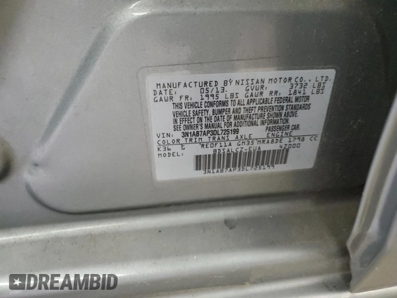 2013 Nissan Sentra FE+ S with VIN 3N1AB7AP3DL725199, listed as a Copart auction lot 51251735 with 65,832 mi miles and Clean Title. Bid and sale history available at DreamBid. Image 12.