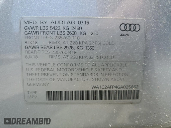 2016 Audi Q5 Premium with VIN WA1C2AFP4GA025662, listed as a Copart auction lot 59624745 with 86,766 mi miles and Clean title. Bid and sale history available at DreamBid. Image 13.