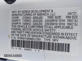 2021 Honda CR-V Touring with VIN 7FARW1H99ME012061, listed as a IAAI auction lot 41168036 with 36,886 mi miles. Bid and sale history available at carsss.com. Image 9.