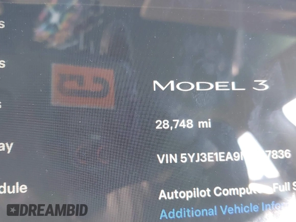 2022 Tesla Model 3 with VIN 5YJ3E1EA9NF147836, listed as a IAAI auction lot 41363603 with 28,748 mi miles. Bid and sale history available at carsss.com. Image 15.