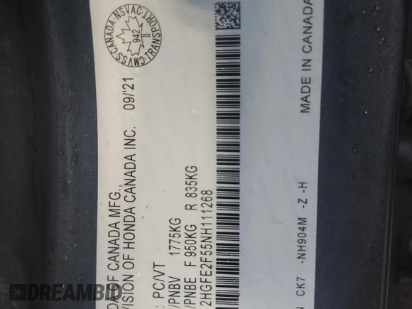 2022 Honda Civic Sport z VIN 2HGFE2F55NH111268, wystawiony jako Copart lot #57655735 z przebiegiem Nie podano mil oraz Szkoda całkowita • Salvage title. Historia ofert i sprzedaży dostępna na DreamBid. Obrazek 12.