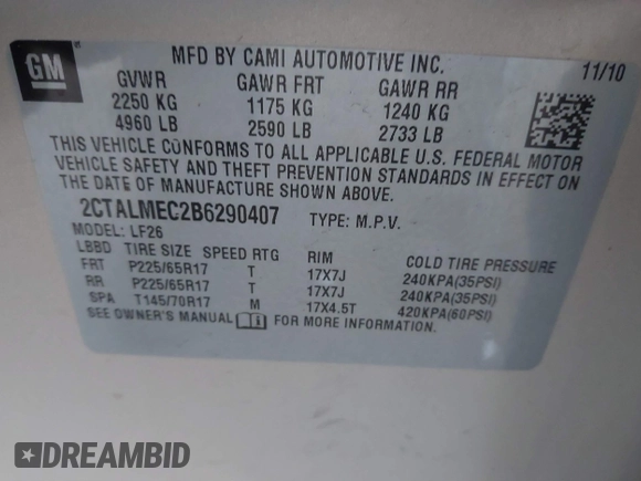 2011 GMC Terrain SLE-1 with VIN 2CTALMEC2B6290407, listed as a IAAI auction lot 41218176 with 98,241 mi miles and . Bid and sale history available at DreamBid. Image 9.