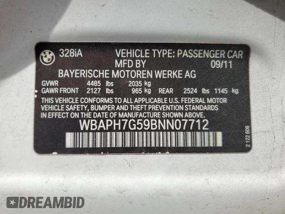2011 BMW 3 Series 328i with VIN WBAPH7G59BNN07712, listed as a Copart auction lot 53477955 with 88,400 mi miles and Salvage Title. Bid and sale history available at carsss.com. Image 12.
