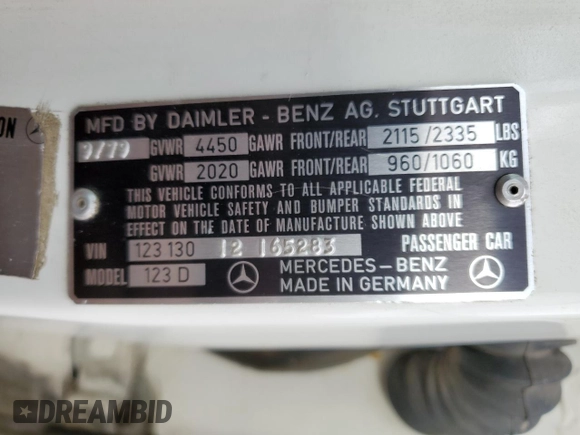 1980 Mercedes-Benz 300 with VIN 12313012165283, listed as a Copart auction lot 81507514 with 121,465 mi miles and Clean Title. Bid and sale history available at DreamBid. Image 12.