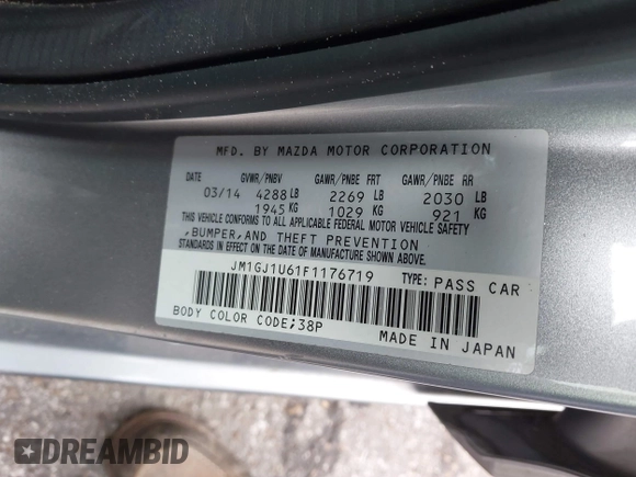 2015 Mazda 6 i Sport with VIN JM1GJ1U61F1176719, listed as a IAAI auction lot 41311837 with 131,865 mi miles. Bid and sale history available at carsss.com. Image 9.