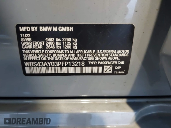 2023 BMW M3 Competition xDrive with VIN WBS43AY03PFP13218, listed as a IAAI auction lot 40936588 with 26,610 mi miles and . Bid and sale history available at DreamBid. Image 9.