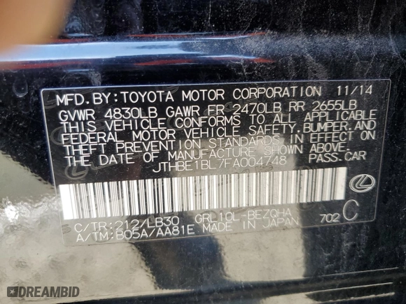 2015 Lexus GS 350 with VIN JTHBE1BL7FA004748, listed as a Copart auction lot 46365665 with 93727 miles and Salvage Title. Bid and sale history available at carsss.com. Image 12.