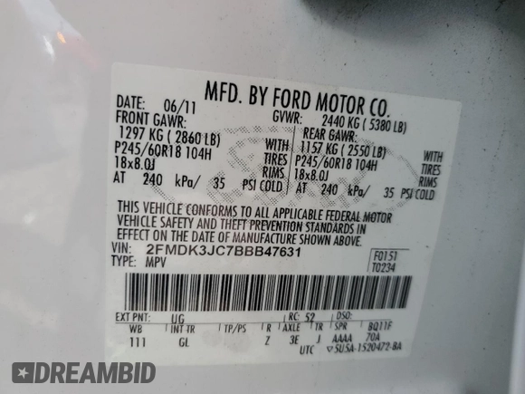 2011 Ford Edge SEL with VIN 2FMDK3JC7BBB47631, listed as a Copart auction lot 49497585 with 158,768 mi miles and Clean Title. Bid and sale history available at carsss.com. Image 15.