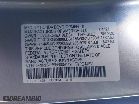 2022 Honda Odyssey EX with VIN 5FNRL6H59NB009449, listed as a IAAI auction lot 41383400 with 28,181 mi miles and . Bid and sale history available at DreamBid. Image 9.