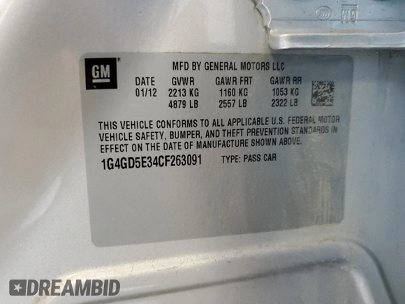 2012 Buick LaCrosse Premium 1 with VIN 1G4GD5E34CF263091, listed as a Copart auction lot 65684005 with 72,120 mi miles and Clean title. Bid and sale history available at DreamBid. Image 12.