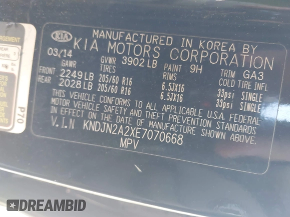 2014 Kia Soul with VIN KNDJN2A2XE7070668, listed as a IAAI auction lot 41661161 with 135,412 mi miles. Bid and sale history available at carsss.com. Image 9.