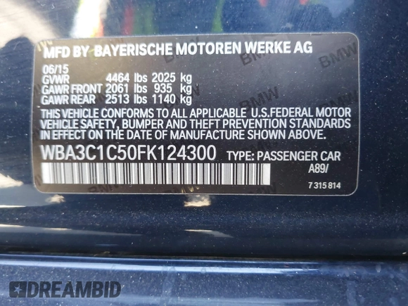 2015 BMW 3 Series 328i with VIN WBA3C1C50FK124300, listed as a IAAI auction lot 40112372 with 142,591 mi miles and . Bid and sale history available at carsss.com. Image 9.