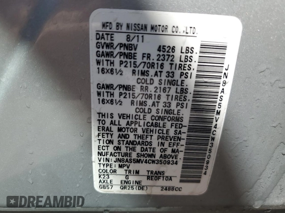 2012 Nissan Rogue S with VIN JN8AS5MV4CW350934, listed as a Copart auction lot 57326615 with 128,141 mi miles and Salvage title. Bid and sale history available at DreamBid. Image 13.