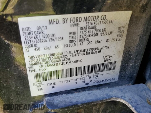 2014 Ford F-350 XLT with VIN 1FT8W3BT2EEA54050, listed as a Copart auction lot 50062505 with 142,252 mi miles and Salvage title. Bid and sale history available at DreamBid. Image 12.