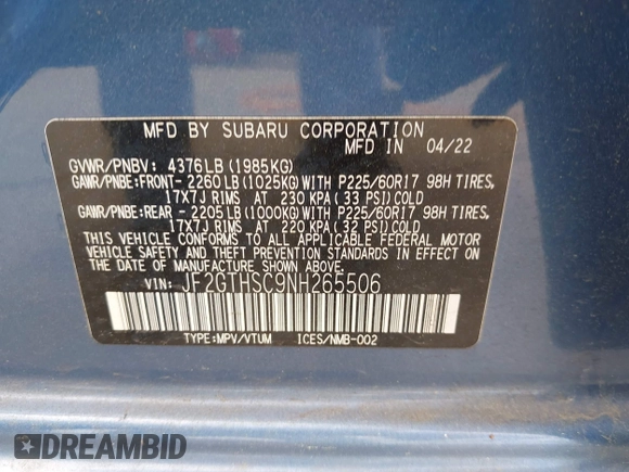 2022 Subaru Crosstrek Special Sports with VIN JF2GTHSC9NH265506, listed as a IAAI auction lot 42102290 with 17,091 mi miles and . Bid and sale history available at DreamBid. Image 9.