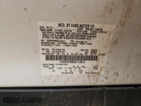 2013 Ford Taurus Limited с VIN 1FAHP2F88DG159651, выставлен на аукционе Copart как лот 55624985 с пробегом 113 878 миль миль и Списание • Salvage title. История ставок и продаж доступна на DreamBid. Изображение 13.
