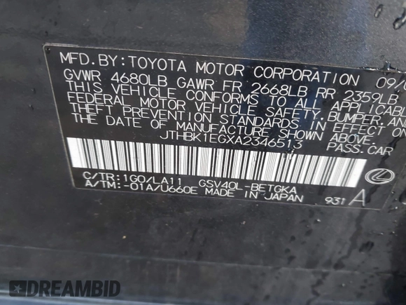 2010 Lexus ES with VIN JTHBK1EGXA2346513, listed as a IAAI auction lot 41775890 with 148,767 mi miles and . Bid and sale history available at carsss.com. Image 9.