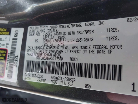 2024 Toyota Tundra 4WD SR5 with VIN 5TFLA5DB6RX177580, listed as a IAAI auction lot 41874283 with 6,880 mi miles. Bid and sale history available at carsss.com. Image 9.