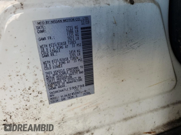 2020 Nissan Pathfinder S with VIN 5N1DR2AN7LC596798, listed as a Copart auction lot 49574785 with 99,769 mi miles and Salvage title. Bid and sale history available at DreamBid. Image 15.