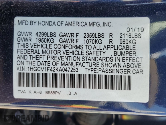 2019 Honda Accord EX with VIN 1HGCV1F42KA047253, listed as a Copart auction lot 62895545 with 28,845 mi miles and Salvage title. Bid and sale history available at DreamBid. Image 13.
