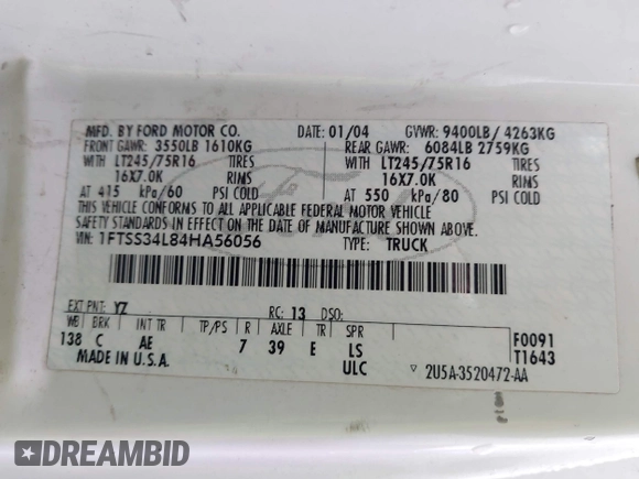 2004 Ford Econoline Cargo with VIN 1FTSS34L84HA56056, listed as a IAAI auction lot 41235862 with 215,095 mi miles and . Bid and sale history available at DreamBid. Image 9.
