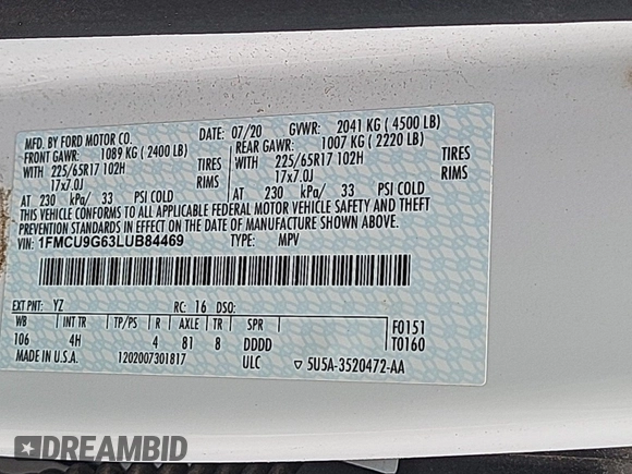 2020 Ford Escape SE with VIN 1FMCU9G63LUB84469, listed as a IAAI auction lot 42547664 with 58,786 mi miles and . Bid and sale history available at DreamBid. Image 7.