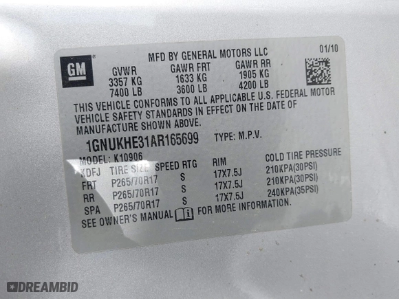 2010 Chevrolet Suburban LS with VIN 1GNUKHE31AR165699, listed as a IAAI auction lot 41509508 with 260,762 mi miles. Bid and sale history available at carsss.com. Image 9.