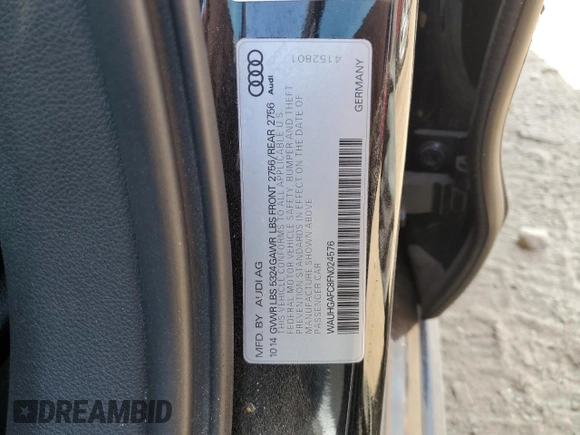 2015 Audi A6 Prestige with VIN WAUHGAFC8FN024576, listed as a Copart auction lot 56542995 with 92,279 mi miles and Salvage title. Bid and sale history available at DreamBid. Image 13.