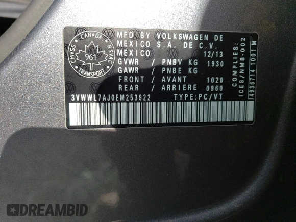2014 Volkswagen Jetta with VIN 3VWWL7AJ0EM253922, listed as a Copart auction lot 41863685 with 226,765 mi miles and Salvage title. Bid and sale history available at DreamBid. Image 12.