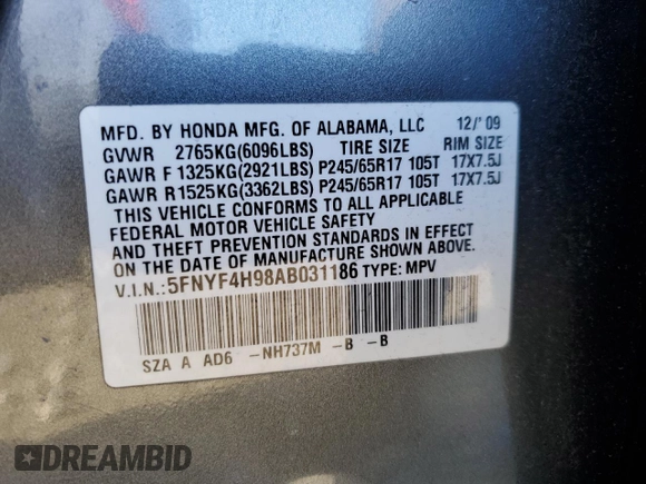 2010 Honda Pilot Touring with VIN 5FNYF4H98AB031186, listed as a Copart auction lot 42558305 with 266,370 mi miles and Salvage Title. Bid and sale history available at carsss.com. Image 13.
